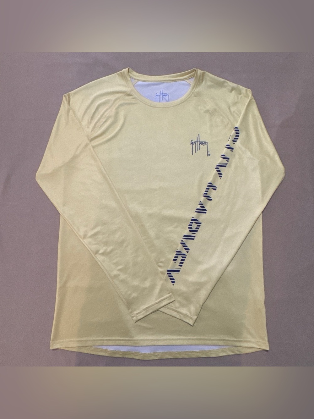 Guy Harvey Long-Sleeve Performance Shirt — Pale Yellow with Navy Accent